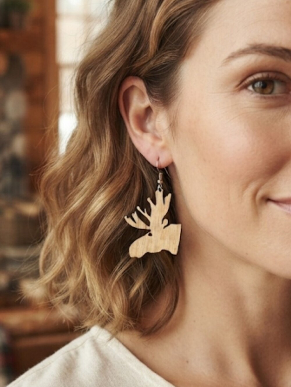 Rustic Laser Cut Brown Wooden Moose Dangle Earrings Naturecore Cabincore